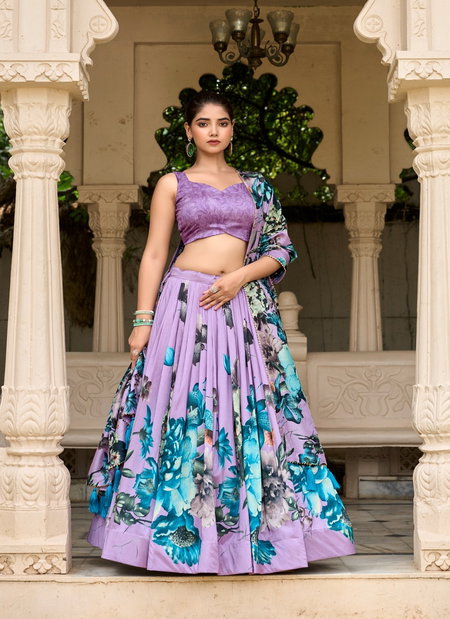 Lavender Colour Tasar Silk With Floral Print Lehenga With Blouse And Dupatta Suppliers In India LNB1225